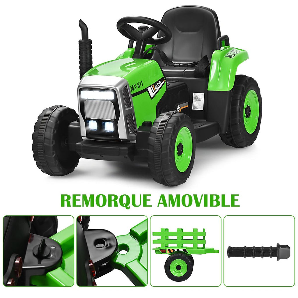 Tracteur Electrique avec Remorque pour Enfants 3 Vitesses Lumières LED Fonctions o USB et Bluetooth Jaune/Rose/Rouge/Vert/Vert Foncé/Noir -
