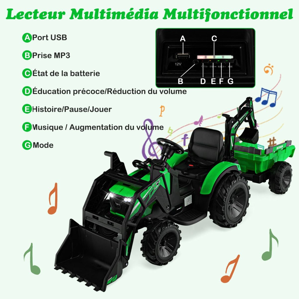 Tracteur Electrique 12 V pour Enfants 3-5 km/h Télécommande MP3 USB Vert/Jaune -