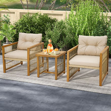 Load image into Gallery viewer, Salon de Jardin avec 1 Table et 2 Fauteuils en Bois d'Acacia et Rotin Anti-UV Pieds Réglables Coussins avec Zip Nautel -
