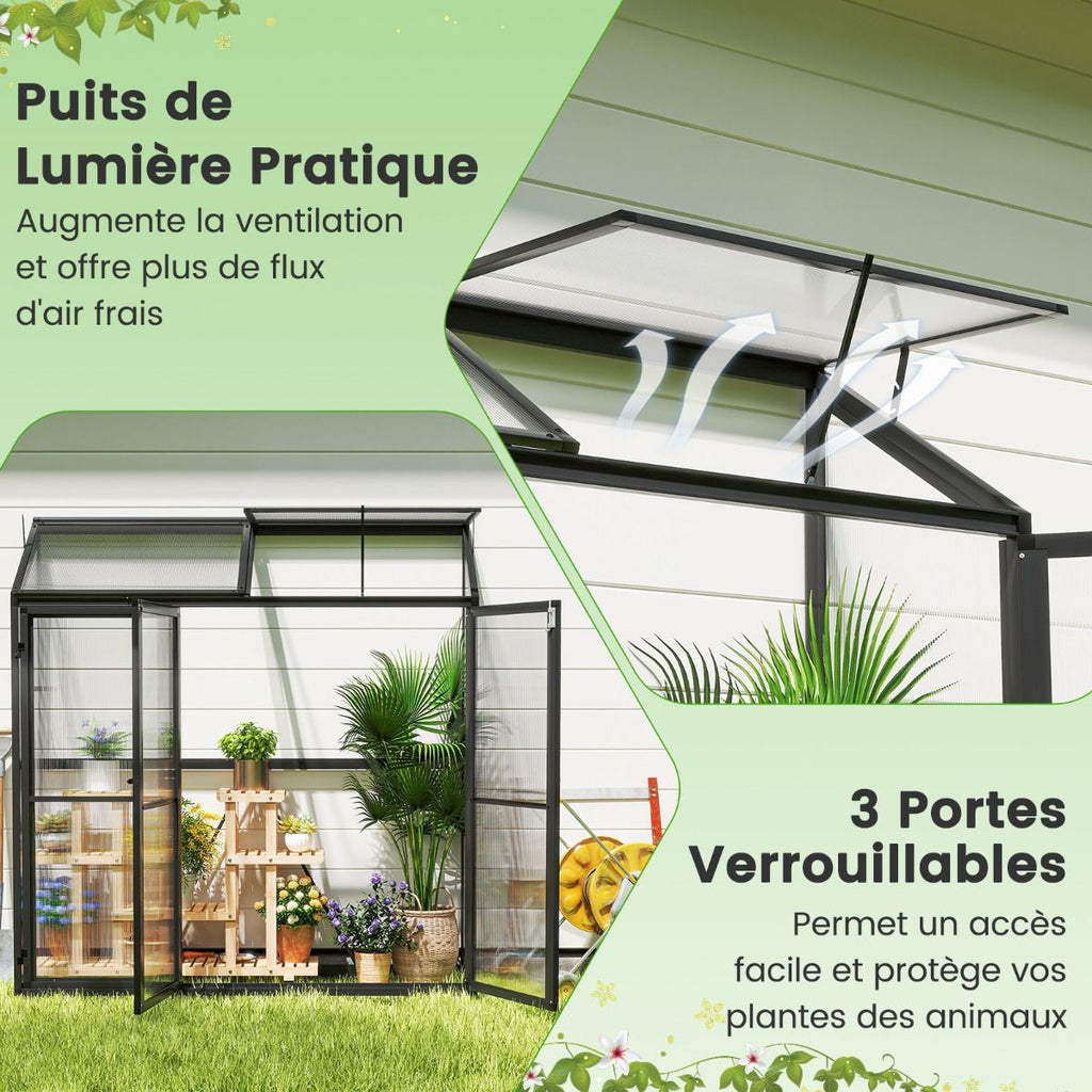Serre de Jardin Extérieure en Aluminium Serre Mini Walk-in avec Lucarne et 3 Portes Fermables Plaques PC Résistantes au Soleil Noir -