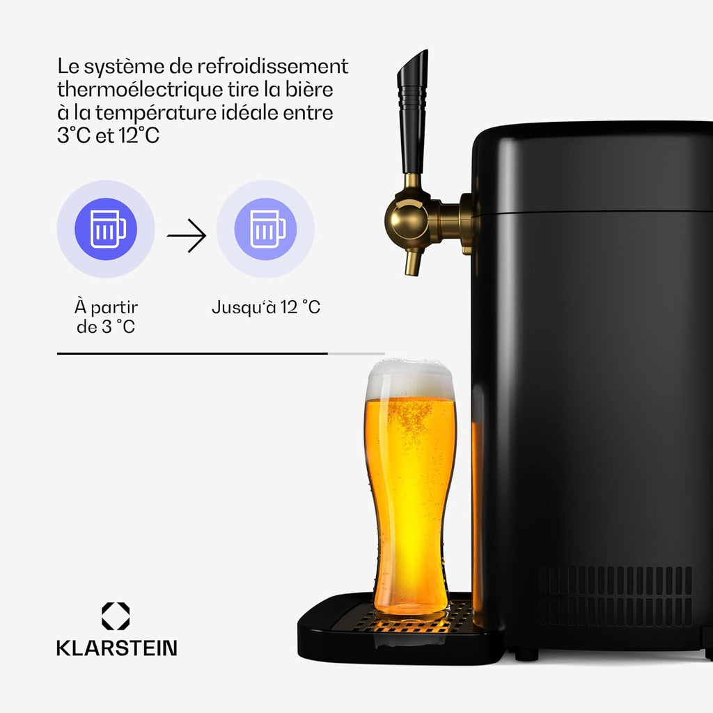 Klarstein FrostBrew Tireuse à Bière - Système de Pression CO₂ Fûts 5L Refroidissement Thermoélectrique 3-12°C Levier de Tirage Noir/Or