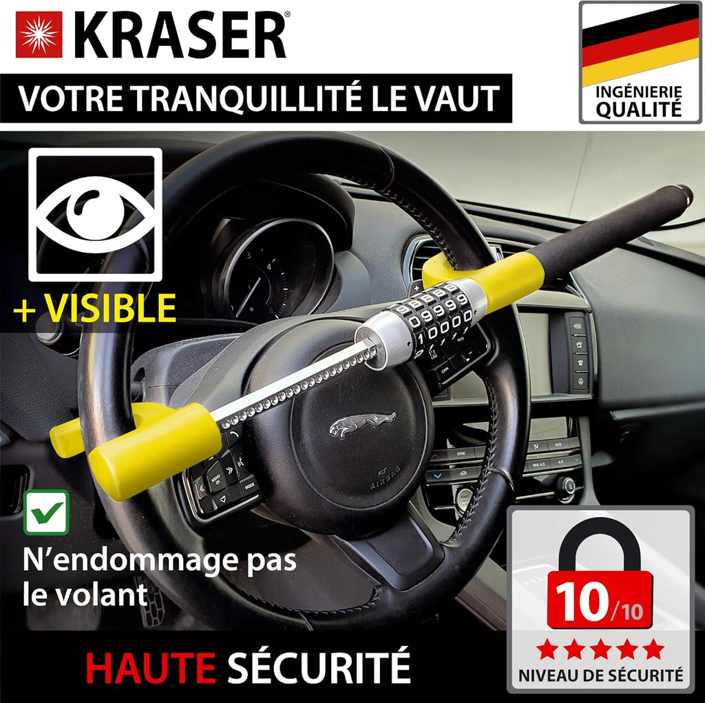 KRASER KR940B Antivol Voiture à Code Sécurité Maximale, Canne Jaune Plus Visible et Dissuasif, Robuste Bloque Volant avec Marteau d'Urgence, Bloc Barre Anti Vol Universel pour Auto, Camping-Car