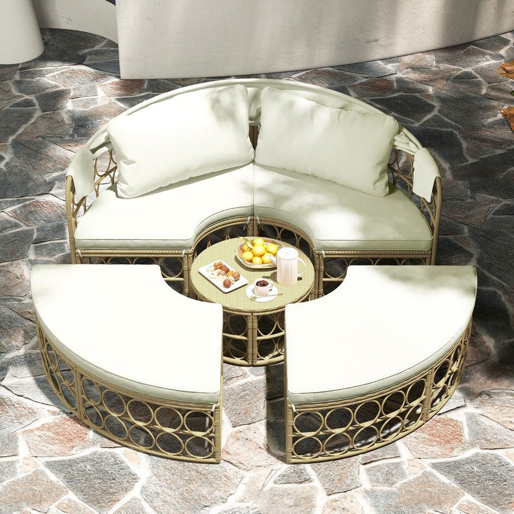 Lit de Repos Rond pour Patio avec Auvent Rtractable Ensemble de Sige Sectionnels Spars en Rotin PE avec Coussins Doux Blanc -