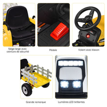 Load image into Gallery viewer, Tracteur Electrique avec Remorque pour Enfants 3 Vitesses Lumières LED Fonctions o USB et Bluetooth Jaune/Rose/Rouge/Vert/Vert Foncé/Noir -