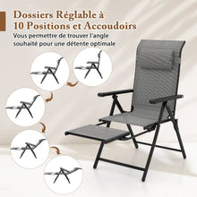Load image into Gallery viewer, Lot de 2 Chaises Longues Pliantes et Inclinables Dossiers et Accoudoirs Réglables à 10 Niveaux Repose-Pied Rétractable Capacité 150 Kg Gris -