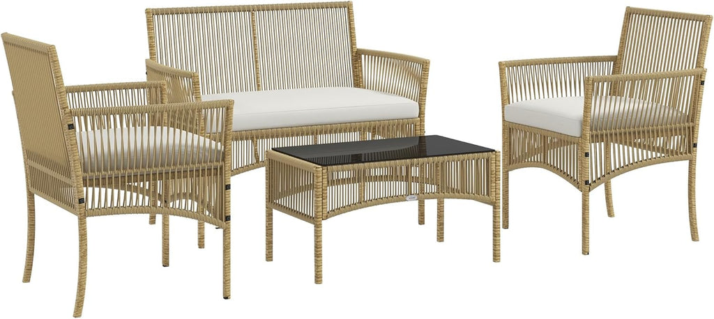 Outsunny Salon de Jardin extérieur 4 pièces canapé 2 Places + 2 fauteuils + 1 Table Basse Plateau Verre trempé Noir 3 Coussins d'assise - métal et résine tressée - Beige
