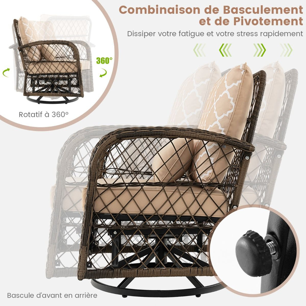 Salon de Jardin Extérieur 3PCS - 2 en Fauteuils à Bascule Pivotant à 360°Rotin PE Cadre Métal our Terrasse Balcon -