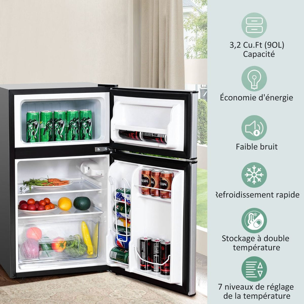 Réfrigérateur Compact Mini-réfrigérateur 90 L Congélateur Séparé avec Design à 2 Portes Fonctionnement Silencieux Blanc/Gris/Noir -