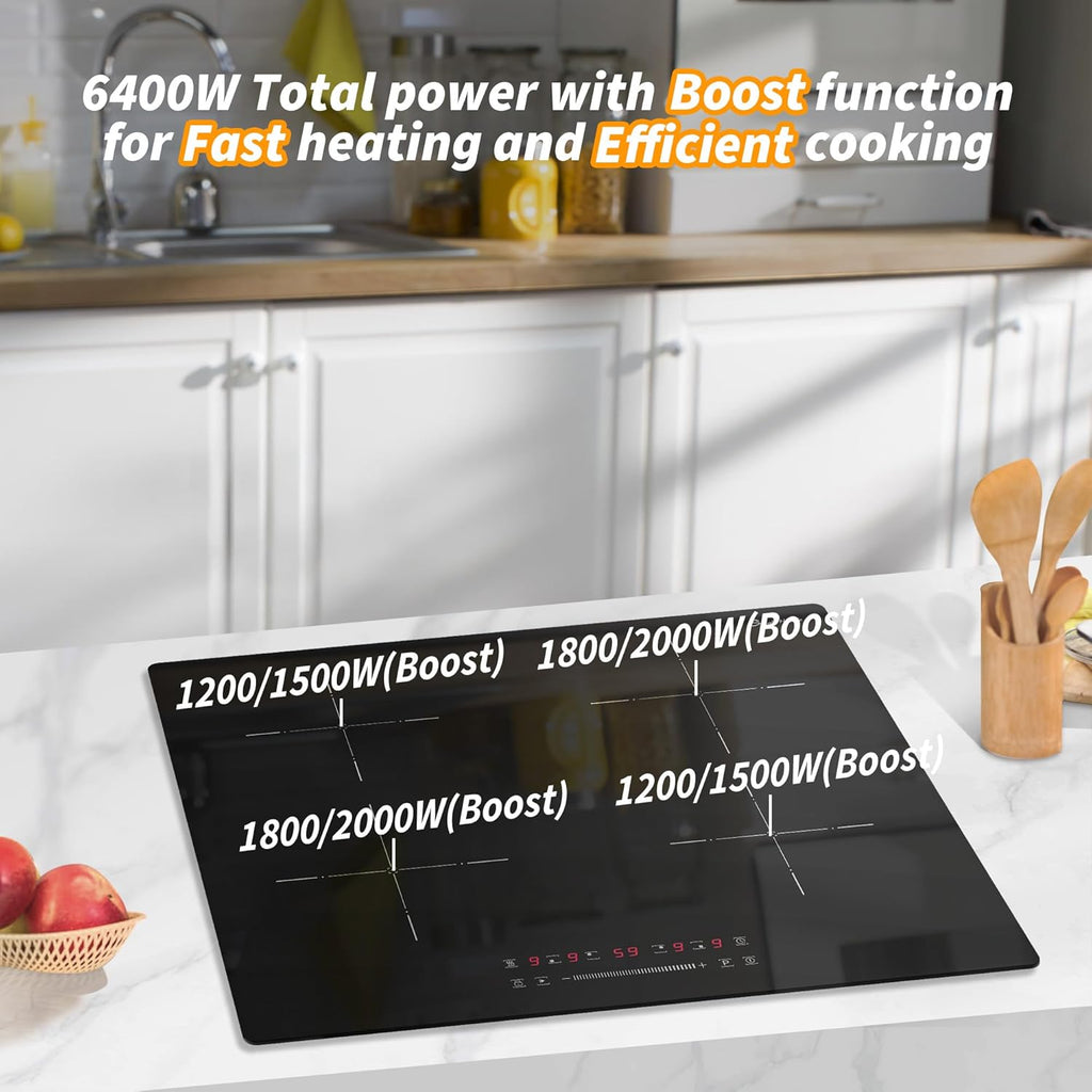 Plaque Induction 4 Feux, Plaque de Cuisson Induction avec Technologie Demi-Pont, Fonction Boost, Chauffage Uniforme, Minuterie 99 Min, Verrouillage Sécurité 6400W