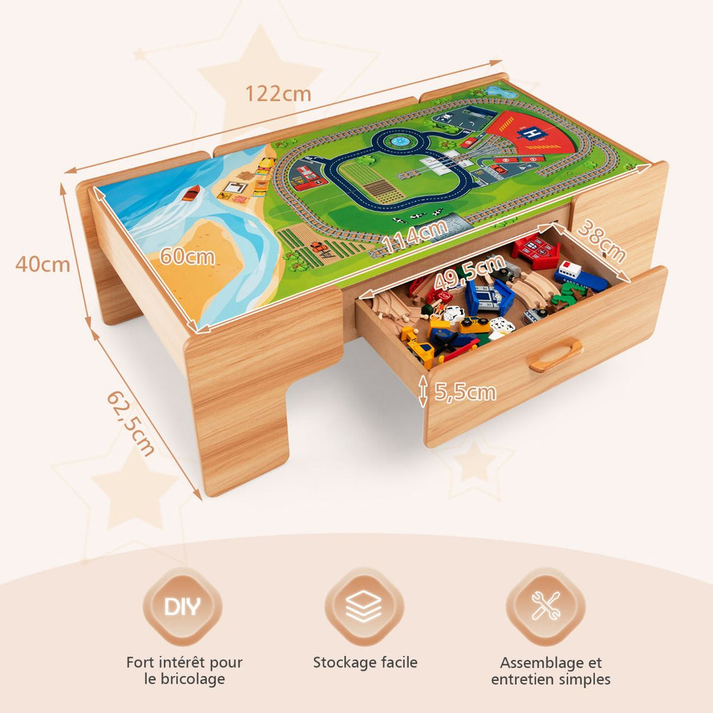 Table Circuit Train en Bois 100 Accessoires avec Tiroir de Rangement Jouet Educative pour Enfants 3 Ans + -
