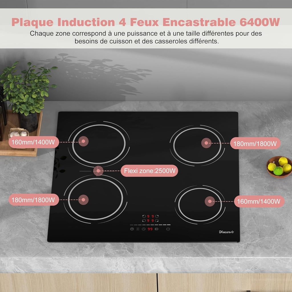 Plaque Induction 4 Feux Encastrable 6400W, Plaque de Cuisson Induction Zone Flexible, Plaque Electrique 60cm, Fonction Pause, 9 Niveaux, Controle tactile, Minuterie, Serrure pour Enfants