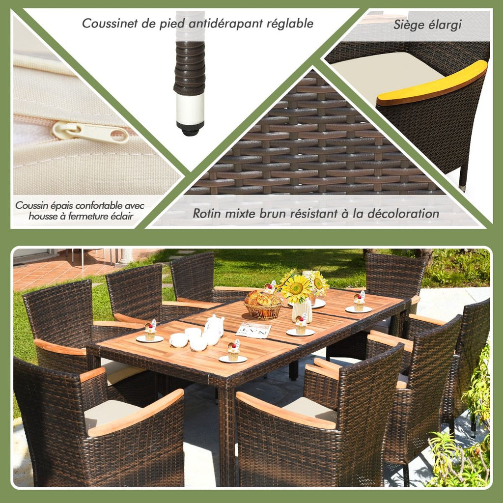 Salon de Jardin en Rotin 9 Pièces pour 8 Personnes Plateau de Table en Acacia Ensemble de Salle à Manger avec Coussins Amovibles Charge 160KG -