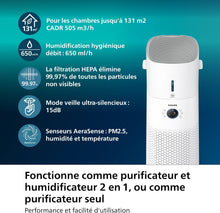 Load image into Gallery viewer, Philips Purificateur d'air et humidificateur 2 en 1 Séries 3000, 131 m2, Filtres NanoProtect HEPA et à charbon actif éliminant 99,97% des particules invisibles, Blanc (AC3737/10)