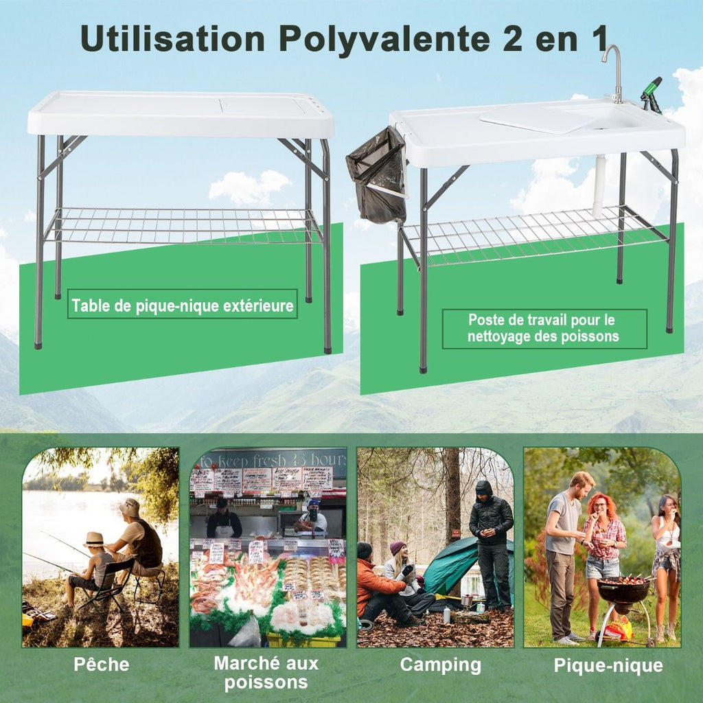 Table de Pêche Pliante avec Robinet Rotatif 360° Table Camping Portable pour Nettoyage Poisson en Acier&HDPE avec Évier et Support de Grille Charge 150KG -