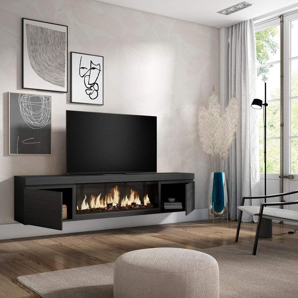 Skraut Home | Meuble TV | Banc Télé | Grand Espace de Rangement | 210 | pour Les TV jusqu'à 80" | Cheminée électrique XXL | Suspendu, Mural | Style Moderne | Noir