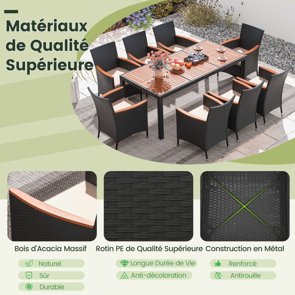 Salon de Jardin en Rotin 9 Pièces Plateau de Table en Acacia Ensemble de Salle à Manger avec Coussins Amovibles Trou Charge 180KG Beige+Noir -