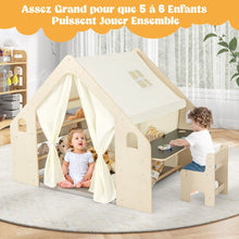 Load image into Gallery viewer, Tente de Jeu d'Intérieur en Bois pour Enfants 6 en 1 Tableau Noir Table Chaise 6 Bacs de Rangement Coussin de Sol Maison de Jeu pour 2-6 ans Beige -