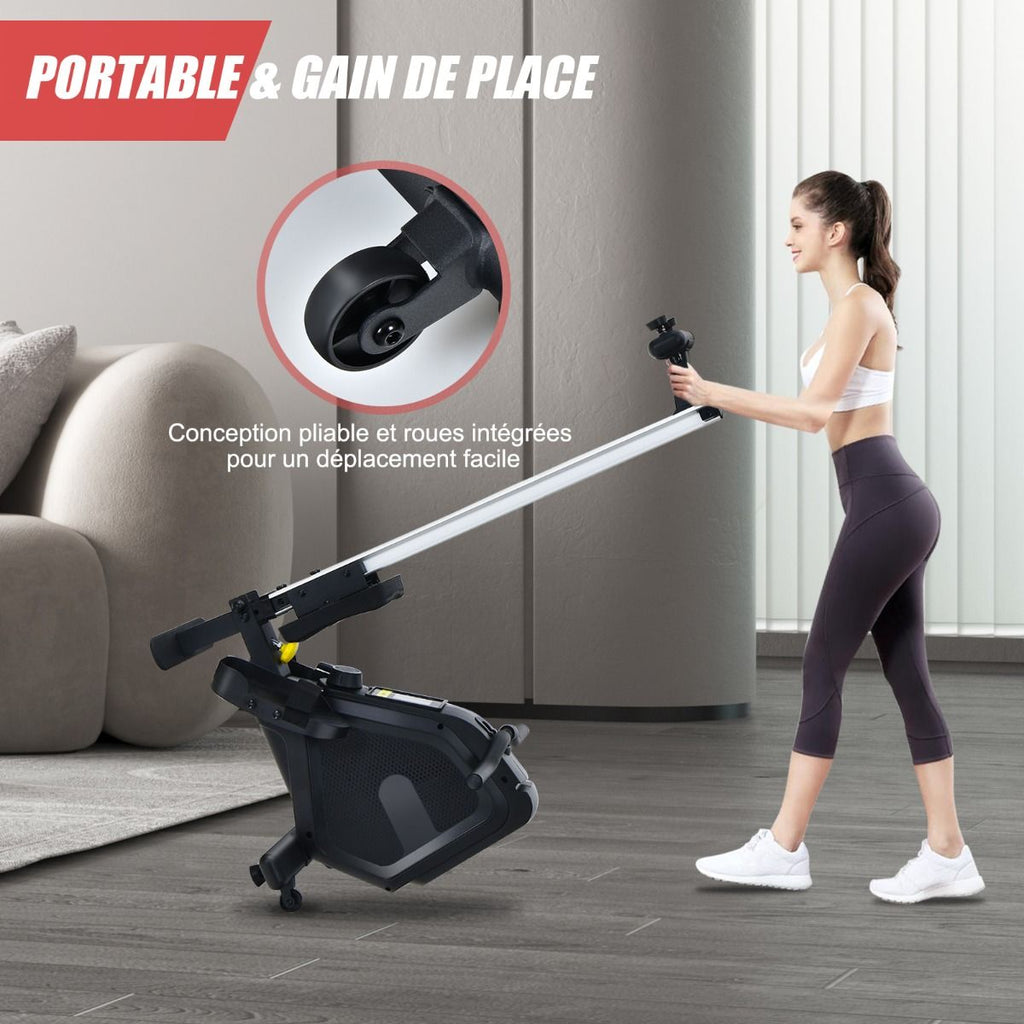 Rameur Magnétique Résistanceà 8 Niveaux Pliable 2 Roues Flexibles Rail Coulissant en Aluminium Ecran LCD Support d'Appareil -
