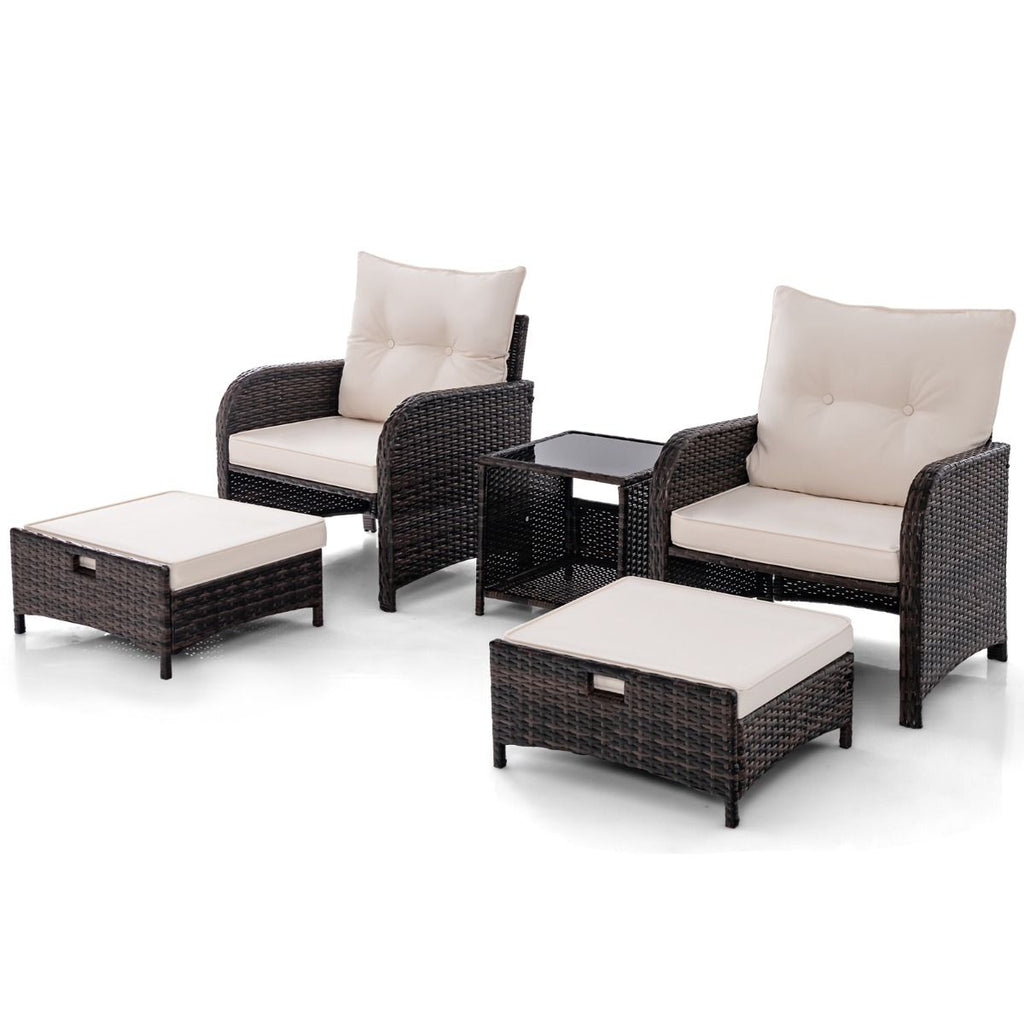 Meubles de Patio 5 Pices Ensemble de Canap d'Extrieur en Rotin avec 2 Chaises 2 Poufs et 1 Table Basse Coussins Doux Plateau en Verre Tremp Beige -