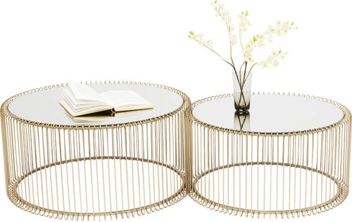 Kare Design Tables Basses Wire, Lot de 2, Laiton/Miroir, Rond, Acier, Plateau de Table en Verre, Diamètre 70/60cm, Style Moderne, Élégante, Table Basse Salon, Deco Intérieur, Décoration Chambre