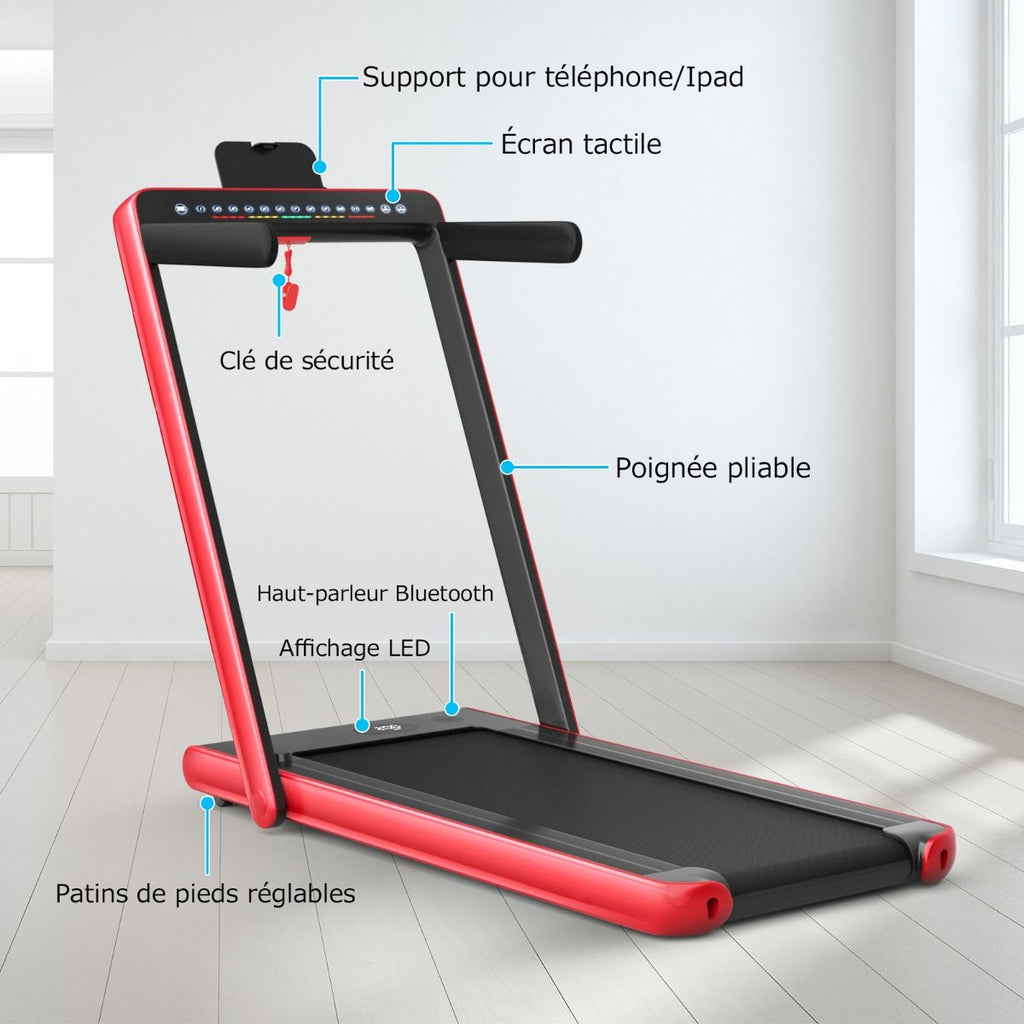 Tapis de Course Pliable 0,75HP Double Affichage LED APP et Tlcommande Vitesse Motoris 12 km/h Surface 40x100cm Rouge -