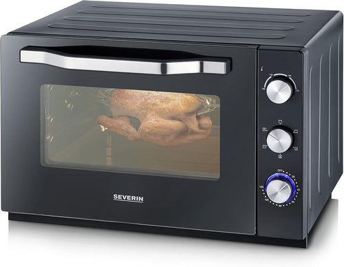 SEVERIN Four posable XXL à Chaleur Tournante 60 L avec pierre à pizza et tournebroche 2 200 W design simple et élégant, Four électrique avec minuteur 120 min, Noir/Inox, TO 2073