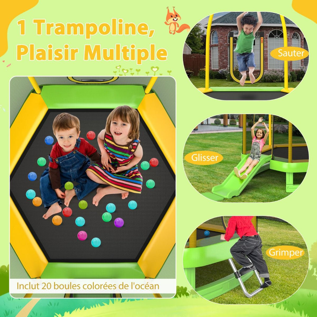 Trampoline Extérieur Ø 223cm avec Toboggan&Echelle avec Filet de Sécurité 2 Portes en U Charge 270kg pour 2-3 Enfants de 3 Ans+ Bleu/Vert -