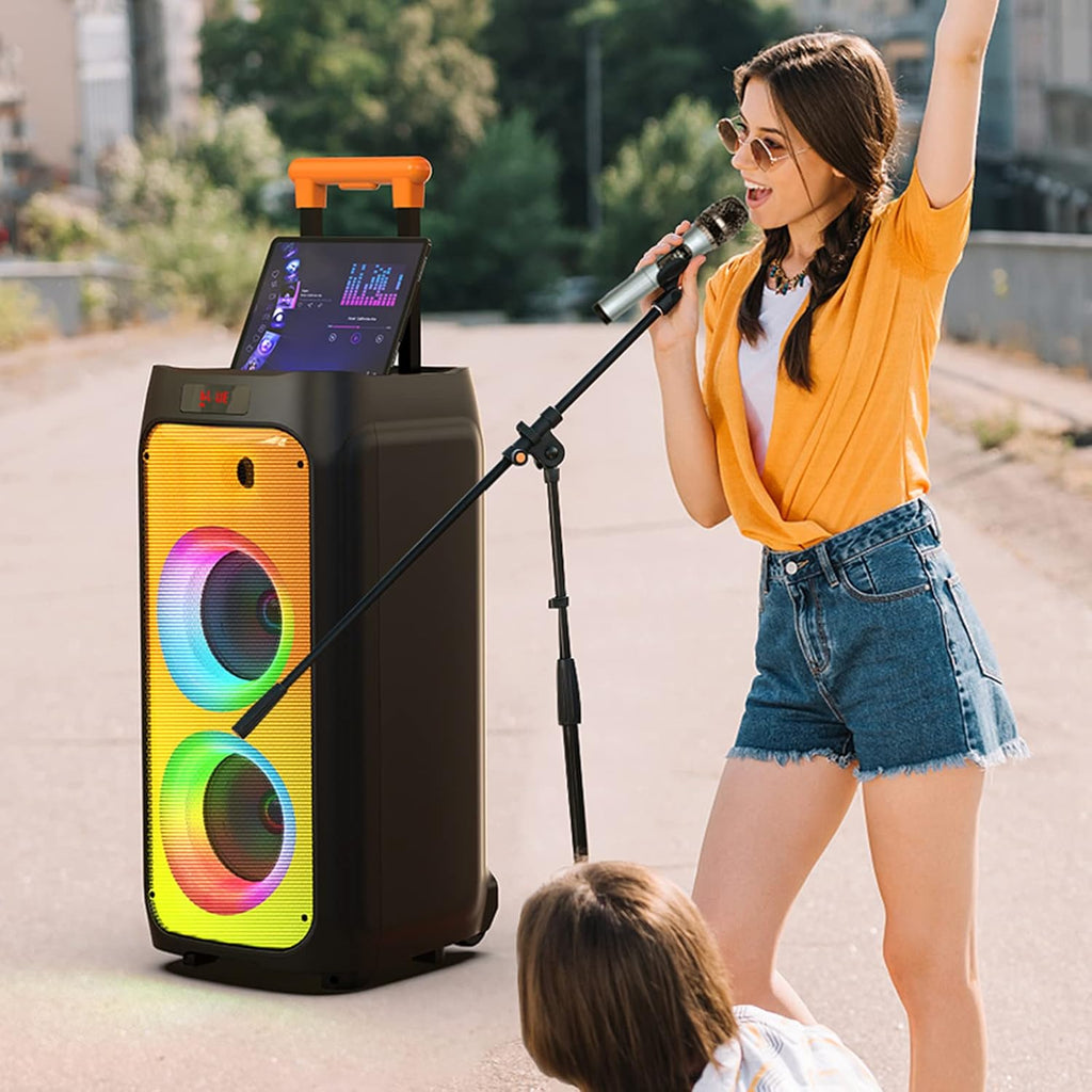 JYX Machine Karaoké pour Adultes, Enceinte Karaoké Bluetooth Portable avec 2 Microphones sans Fil, Party Box Idéale pour Les réunions de Famille/Le Camping en Plein Air