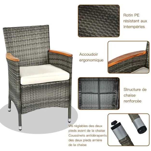 Salon de jardin avec 1 table et 8 chaises en bois et rotin anti-uv pieds rglables et coussins impermables inclus 20_0009211 -