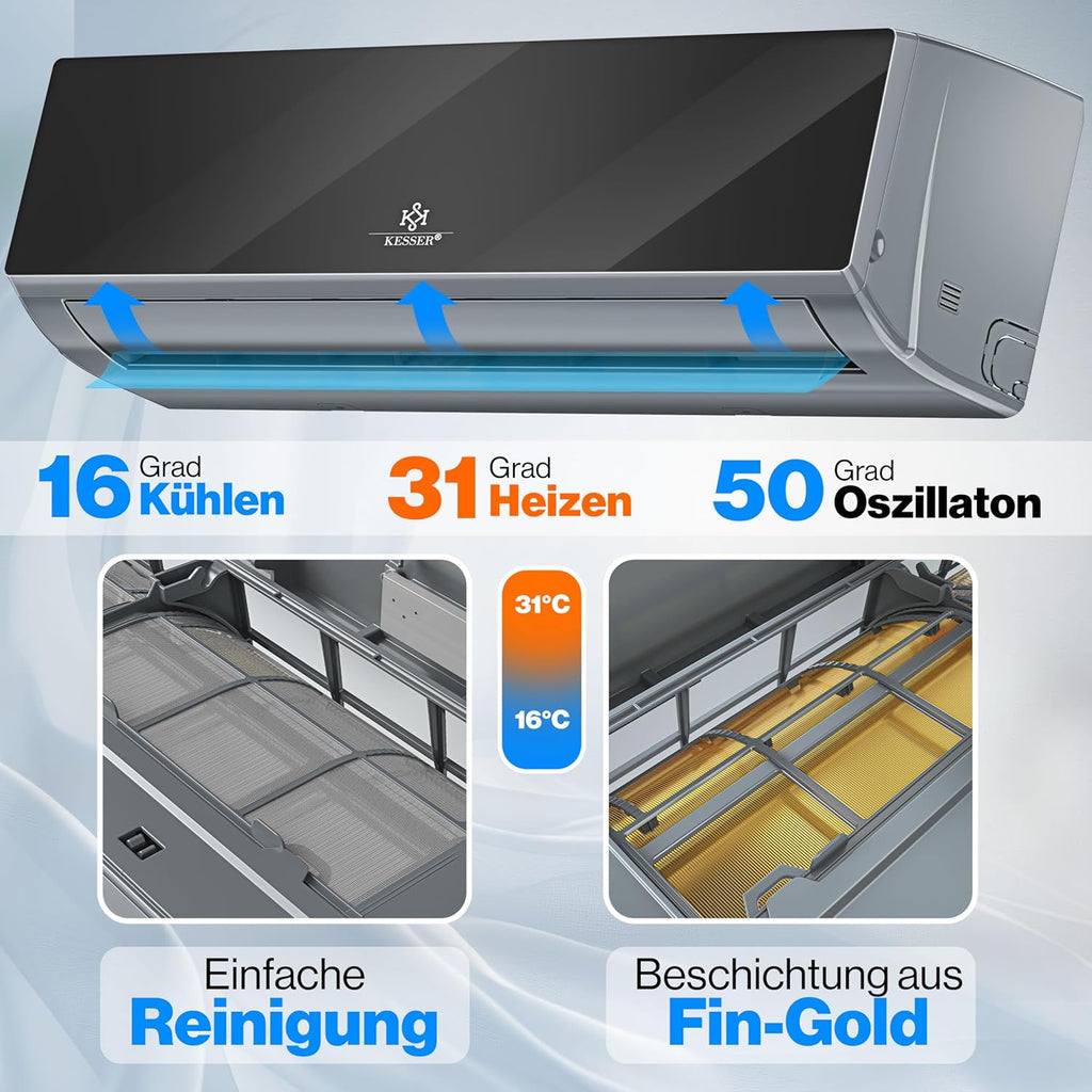 KESSER® Climatisation SET réversible - Climatiseur avec fonction WiFi/Application - Refroidissement A++/ Chauffage A+ Fluide réfrigérant R32 - Écran LCD Split 9000 BTU/h / 2600 Watt - Anthrazit