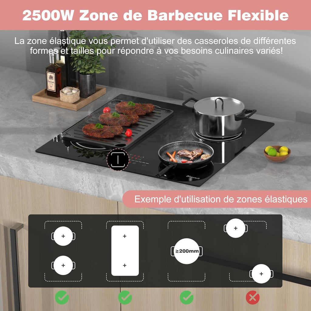 Plaque Induction 4 Feux Encastrable 6400W, Plaque de Cuisson Induction Zone Flexible, Plaque Electrique 60cm, Fonction Pause, 9 Niveaux, Controle tactile, Minuterie, Serrure pour Enfants