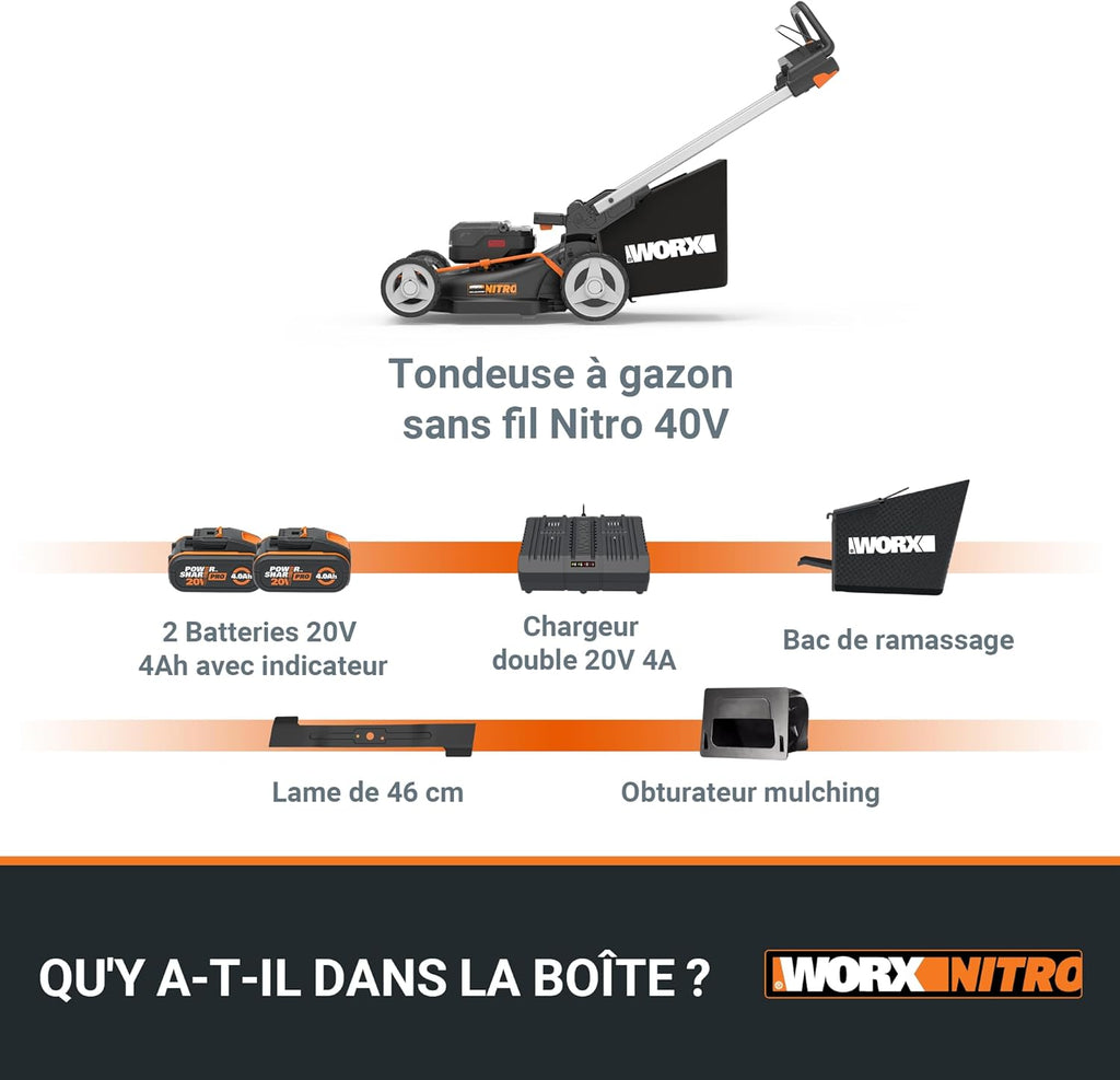Pack Pro+ Tondeuse à Gazon 40V 460m² + Coupe-Bordures 20V + 2 Batteries 4Ah et 1 Batterie 2Ah + Chargeur Double et Chargeur Simple (Idéal pour l'Entretien du Jardin)