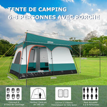 Load image into Gallery viewer, Tente de Camping pour 6/8/10 Personnes avec Auvent Grande Tente Familiale avec 2 Chambres 2 Portes 2 Fenêtres en Maille Vert -
