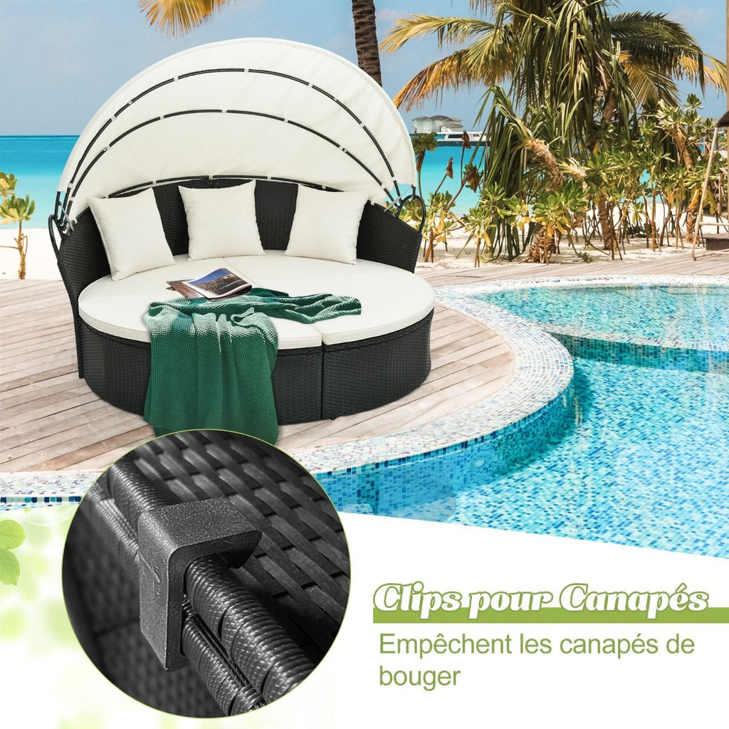 Lit Canapé de Jardin Rond en Rotin PE Auvent Rétractable Coussins et Oreillers Amovibles Salon de Jardin Modulable Blanc -