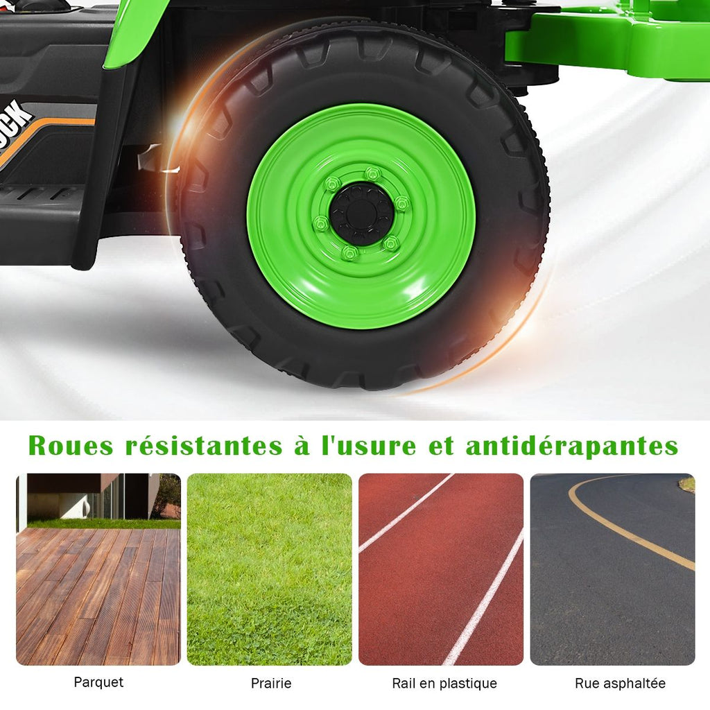 Tracteur Electrique avec Remorque pour Enfants 3 Vitesses Lumires LED Fonctions o USB et Bluetooth Jaune/Rose/Rouge/Vert/Vert Fonc/Noir -