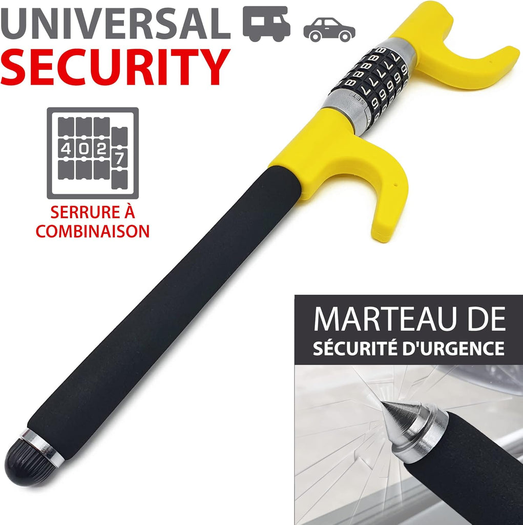 KRASER KR940B Antivol Voiture à Code Sécurité Maximale, Canne Jaune Plus Visible et Dissuasif, Robuste Bloque Volant avec Marteau d'Urgence, Bloc Barre Anti Vol Universel pour Auto, Camping-Car