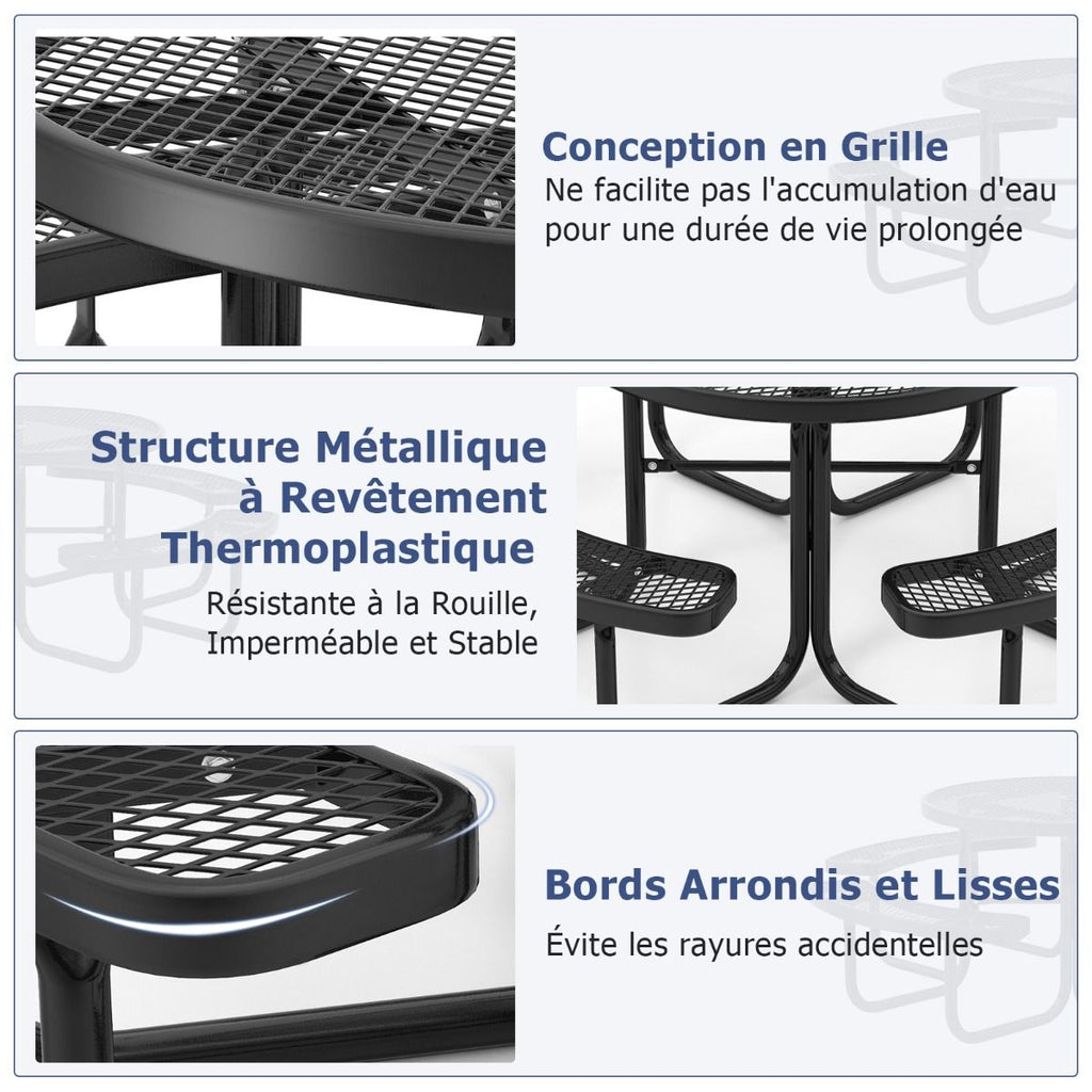 Table de Pique-Nique Ronde avec 4 Bancs Intégrés pour 8 Personnes Table de Camping en Métal avec Sièges et Trou pour Parasol 202x75cm Noir -