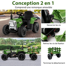 Load image into Gallery viewer, Tracteur Electrique avec Remorque pour Enfants 3 Vitesses Lumières LED Fonctions o USB et Bluetooth Jaune/Rose/Rouge/Vert/Vert Foncé/Noir -