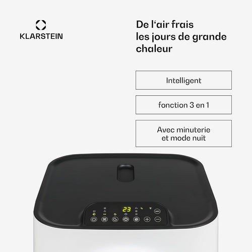 Klarstein Climatiseur Mobile Silencieux, Climatiseur Portable 5 en 1, Mini Climatiseur, Purificateur et Elimination des Odeurs, Mode Nuit, Déshumidificateur d'Air, Faible Conso, 10K BTU, Climatiseurs