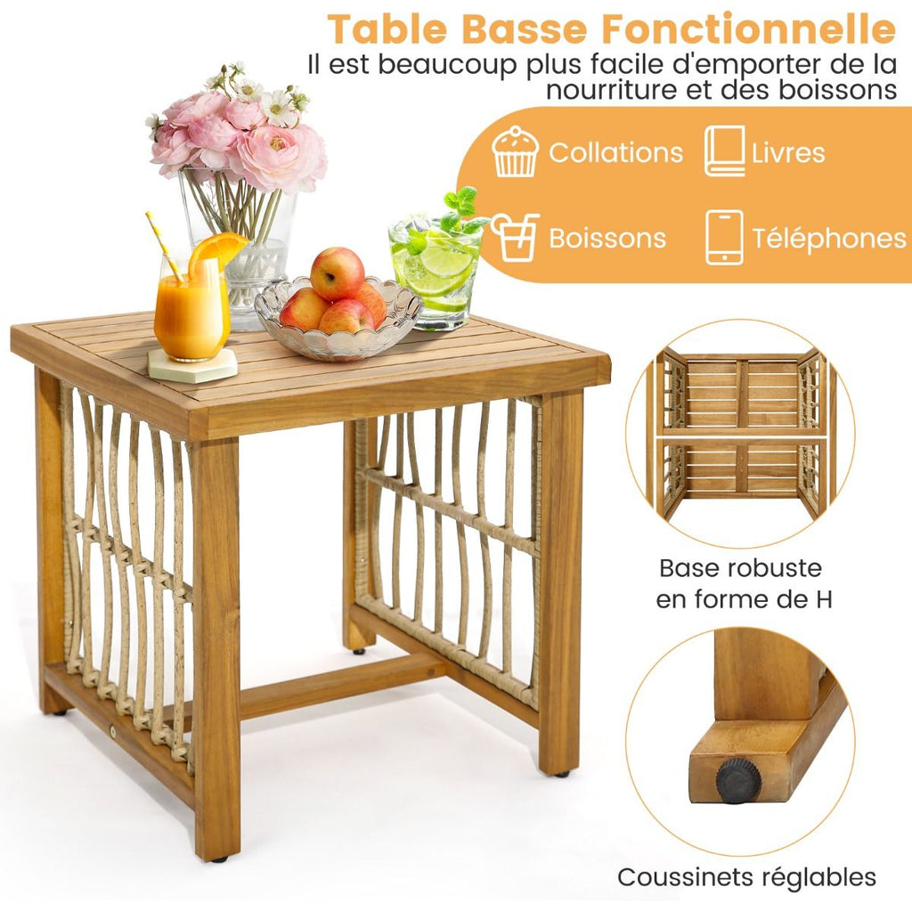 Salon de Jardin avec 1 Table et 2 Fauteuils en Bois d'Acacia et Rotin Anti-UV Pieds Rglables Coussins avec Zip Nautel -