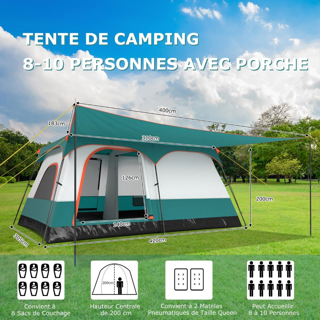 Tente de Camping pour 6/8/10 Personnes avec Auvent Grande Tente Familiale avec 2 Chambres 2 Portes 2 Fenêtres en Maille Vert -