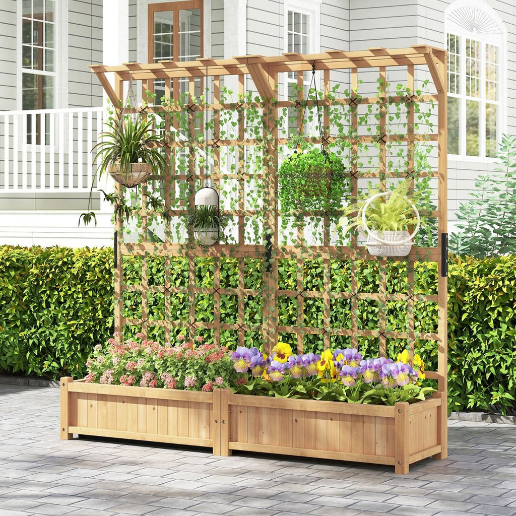 Jardinière avec 2 Treillis 2 Bacs Toit Suspendu en Bois Lit de Jardin Surélevé avec 4 Trous de Drainage 180 x 48 x 183 cm Orange -