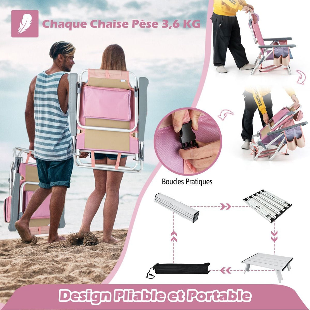 Lot de 2 Chaises de Camping Plage Pliante Table Enroulable en Aluminium Appui-tête Dossier Réglable à 5 Positions 6 Couleurs au Choix -