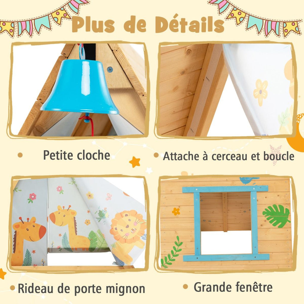 Maison de Jardin Enfants 2 en 1 avec Escalade Cloche Impermable Cabane en Bois de Sapin Exterieur et Intrieur 3-8 Ans -