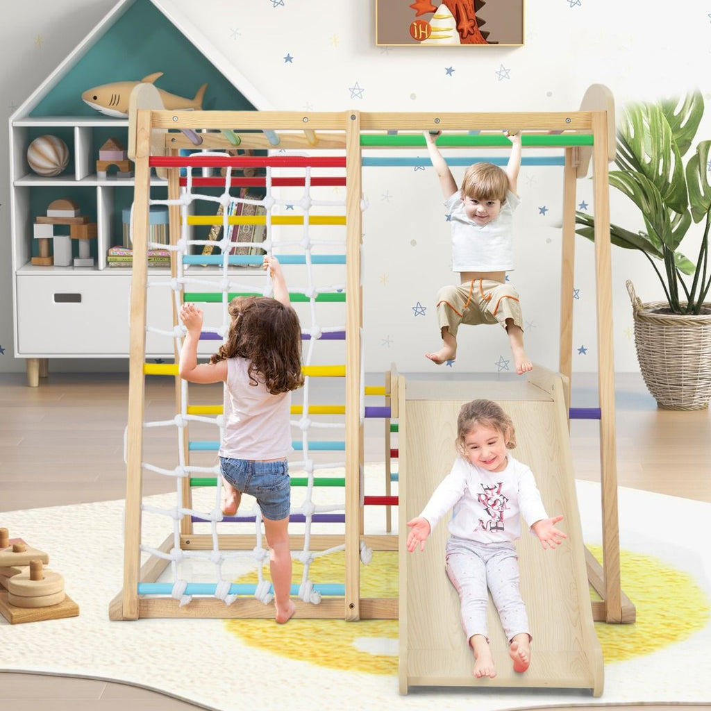 Triangle d'Escalade 6 en 1 en Bois avec Toboggan et Filet Barre pour Grimper Ramper et Glisser 1 An+ Coloré/Naturel -