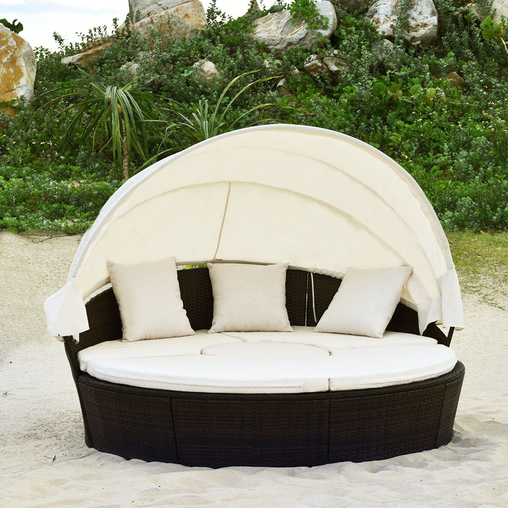 Lit de Jardin Rond d'Exterieur Table Relevable Modulable & Convertible - Pare Soleil Réglable rotin PE Coussins Inclus Beige -