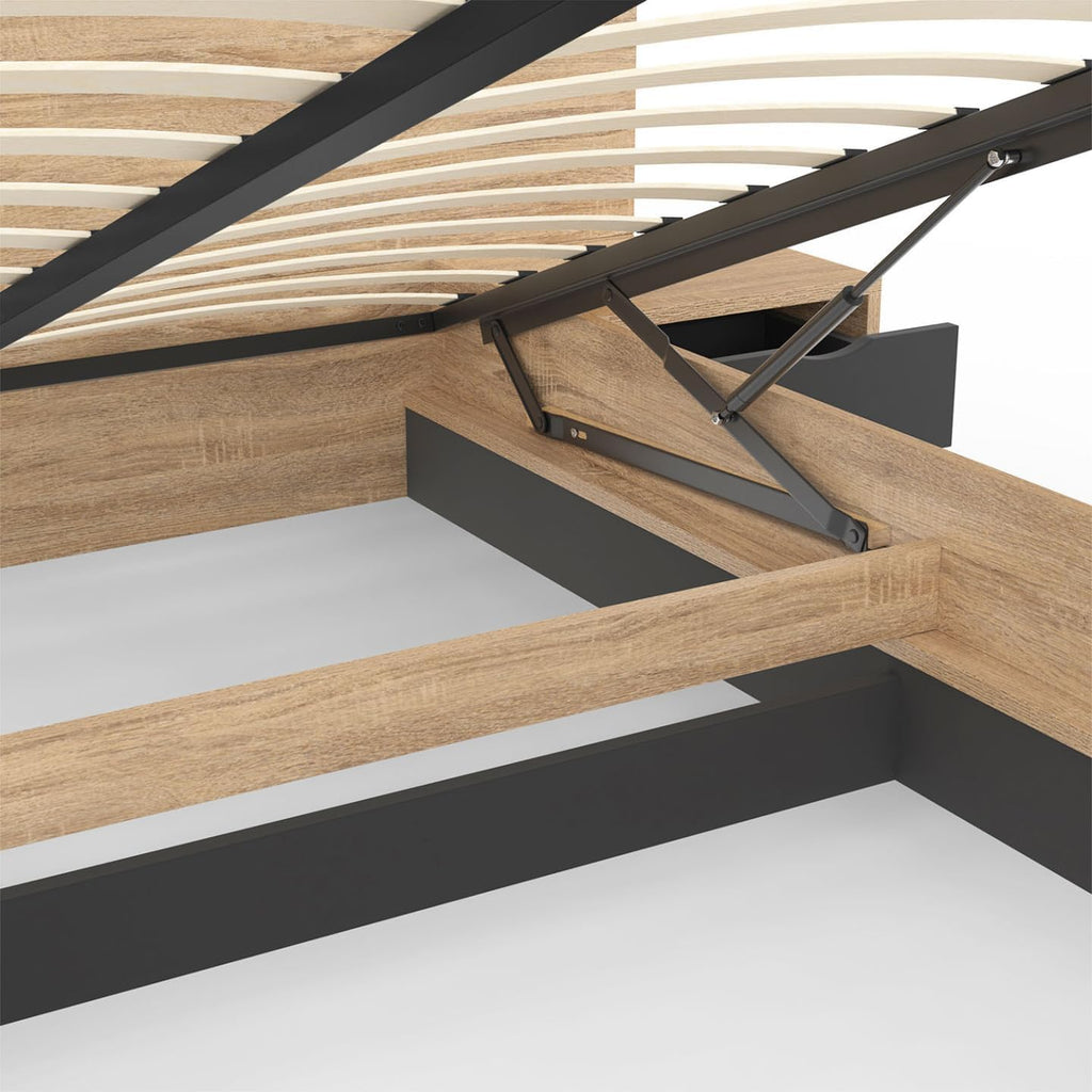 IDMarket - Lit Coffre Santa avec Tables de chevets intégrées et sommier 140x190cm Couleur Bois et Noir