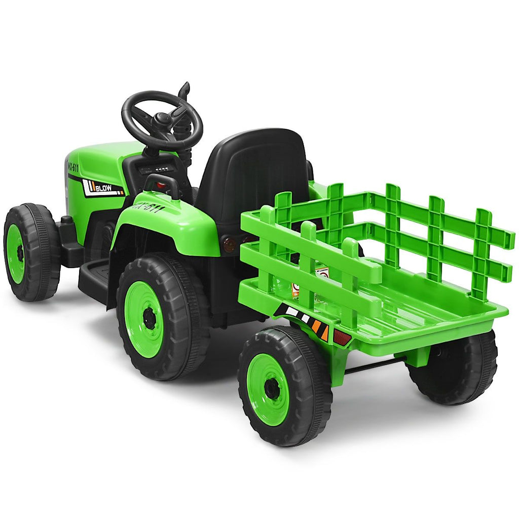 Tracteur Electrique avec Remorque pour Enfants 3 Vitesses Lumières LED Fonctions o USB et Bluetooth Jaune/Rose/Rouge/Vert/Vert Foncé/Noir -