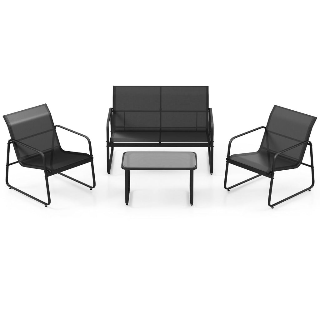 Salon de Jardin 4 Pices avec 2 Chaises Table en Verre Tremp et Causeuse Meuble Extrieur en Tissu Respirant Cadre Mtallique Noir -