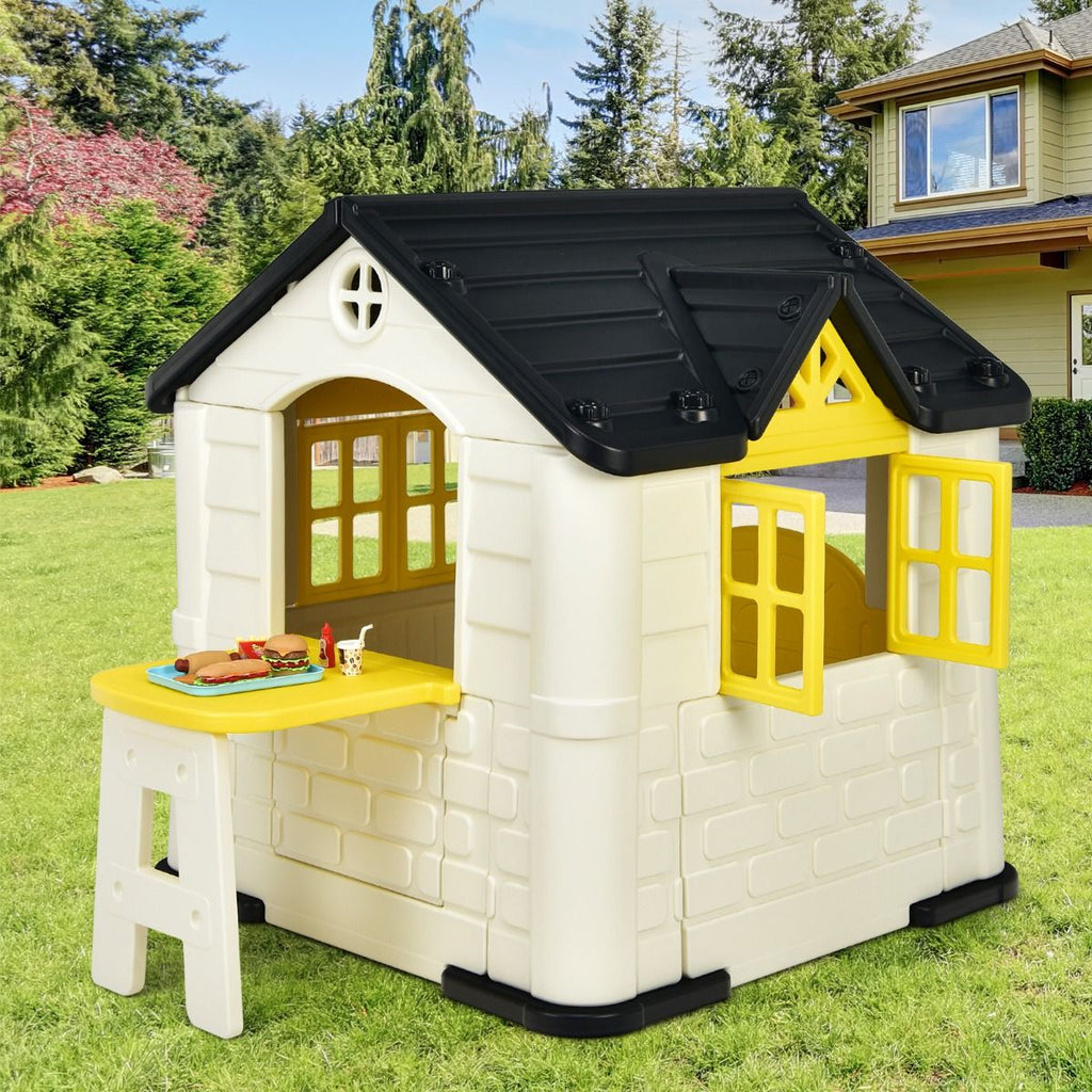 Maison Chef House -Thme Burger Bar - Table de Pique Nique Cabane de Jardin Anti-UV en Plastique 164x124x132 cm Bleu/Rose/Jaune -